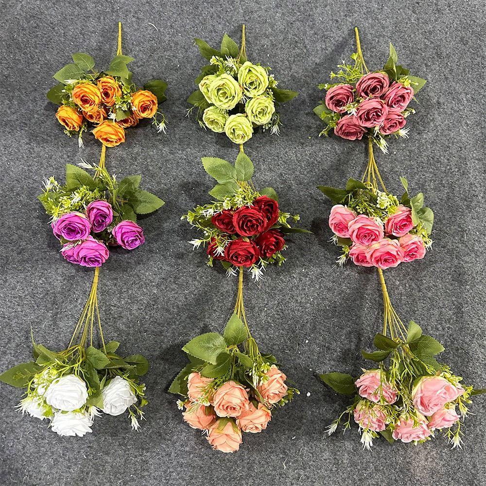 7 Heads Rose Artificial Flowers Silk Petals Green Leaves Simulation Flower Rose Multicolor Scene Landscaping Faux Rose Flower