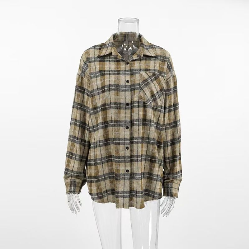 Fashion Long Sleeves Loose Plaid Shirt Autumn Pocket Gingham Shirt Loose Plaid Pocket Shirt