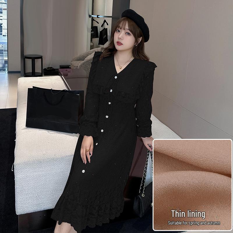 

Женское кружевное платье большого размера с большим лацканом, длиной до колена, с вельветовыми акцентами 5XL