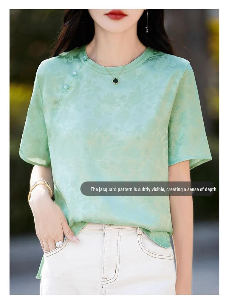 Women's 2026 Summer Silk Jacquard Short-Sleeve Top with Frog Buttons - New Chinese Style, Round Neck, Loose Fit