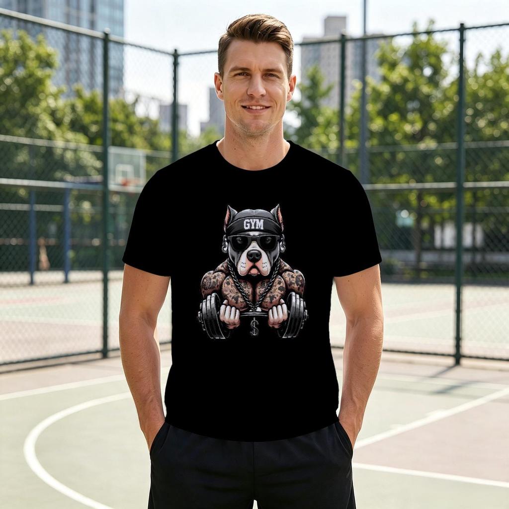 Men's Crew Neck Short Sleeve T-Shirt, Fashion 3D Muscular Tattoo Pitbull Gym Dumbbell Graphic Casual Daily Wear Tee
