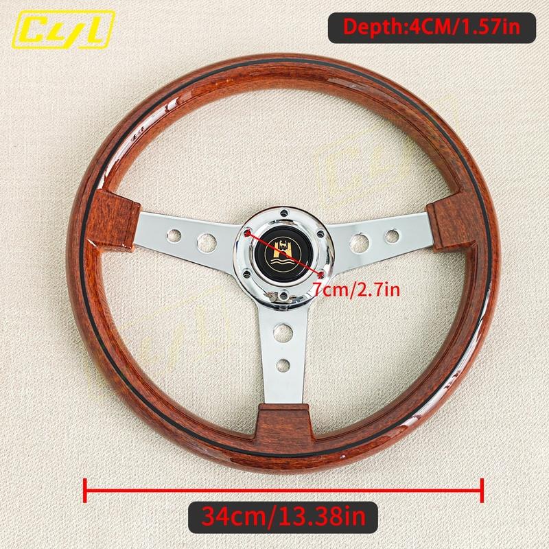 JDM 340mm Classic Wood Style Steering Wheel Chrome Spoke Vintage Sports Steering Wheel