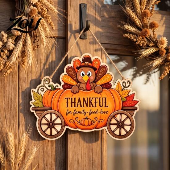 Gift for Friends Family Thanksgiving Front Door Hanging Sign, Pumpkin Turkey Pattern Hanger, Autumn Farmhouse Style Porch Decor Harvest Wall Ornament