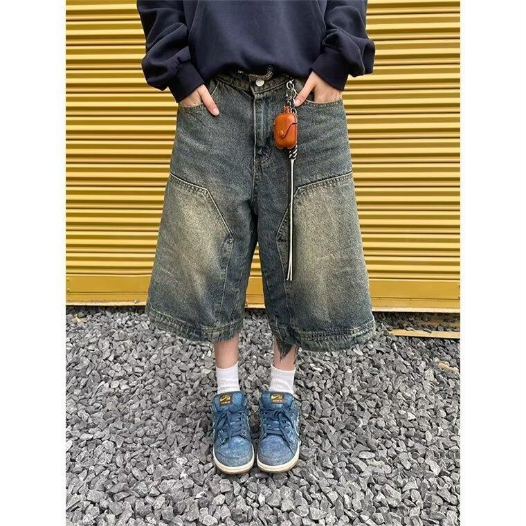 American Retro Washed High Street Denim Shorts Men's and Women's Straight Wide-leg Old Loose Casual Versatile Cropped Pants