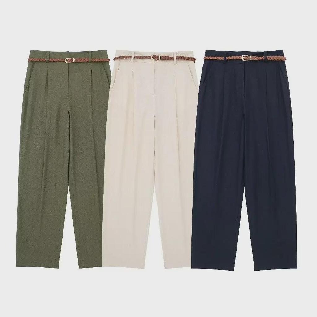 2024 Καλοκαίρι Ευρωπαϊκό & Αμερικάνικο Στυλ Ψηλόμεσο Λινό Μίγμα Ρετρό Ίσιο Παντελόνι για Γυναίκες