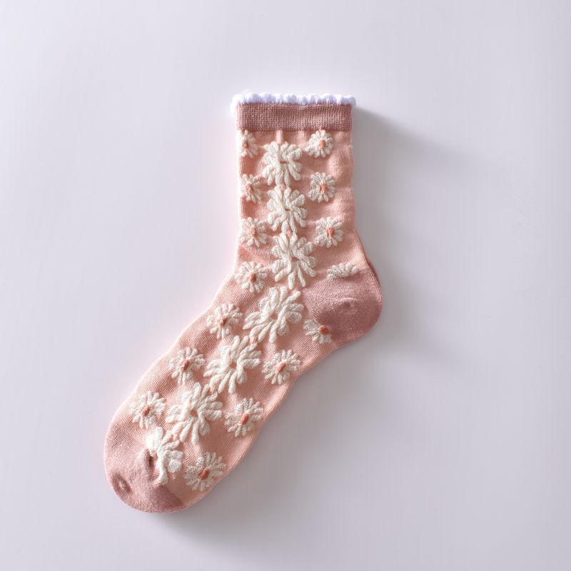 5 Stück/weiße florale Mid-Tube-Socken für Damen, trendige japanische Pudernebelfarbe, Student Loli Spring, dünner Abschnitt, JK-Socken, Pink, Neu