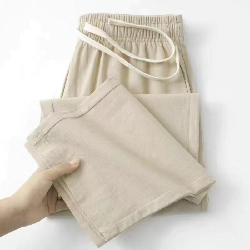 Linen Cotton Breathable Loose-fit Casual Beach Simple Solid Color Drawstring Loose Straight-leg  Trousers