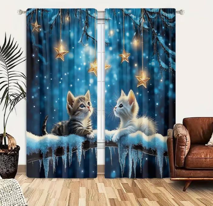 2pcs, Rustic Animal Cat Curtains, Decorate Window Rod Pocket Mount Printed Curtains Polyester Material, Suitable for Living Room
