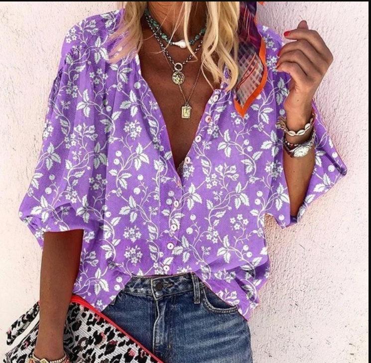 #Fashion Summer Women's Stand-Up Collar Loose Button Retro Printed Casual Shirt