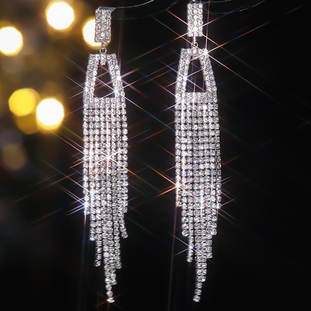 Luxury Super Flash Full Diamond Long Fringed Earrings