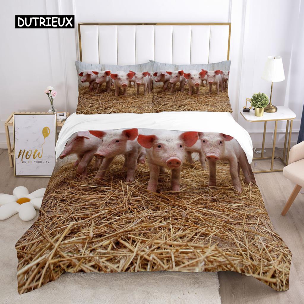 Pig Duvet Cover Set Queen Size Microfiber Cute Pig Animal Theme Twin Bedding Set Farm Animal 2/3pcs Quilt Cover for Boys Girls