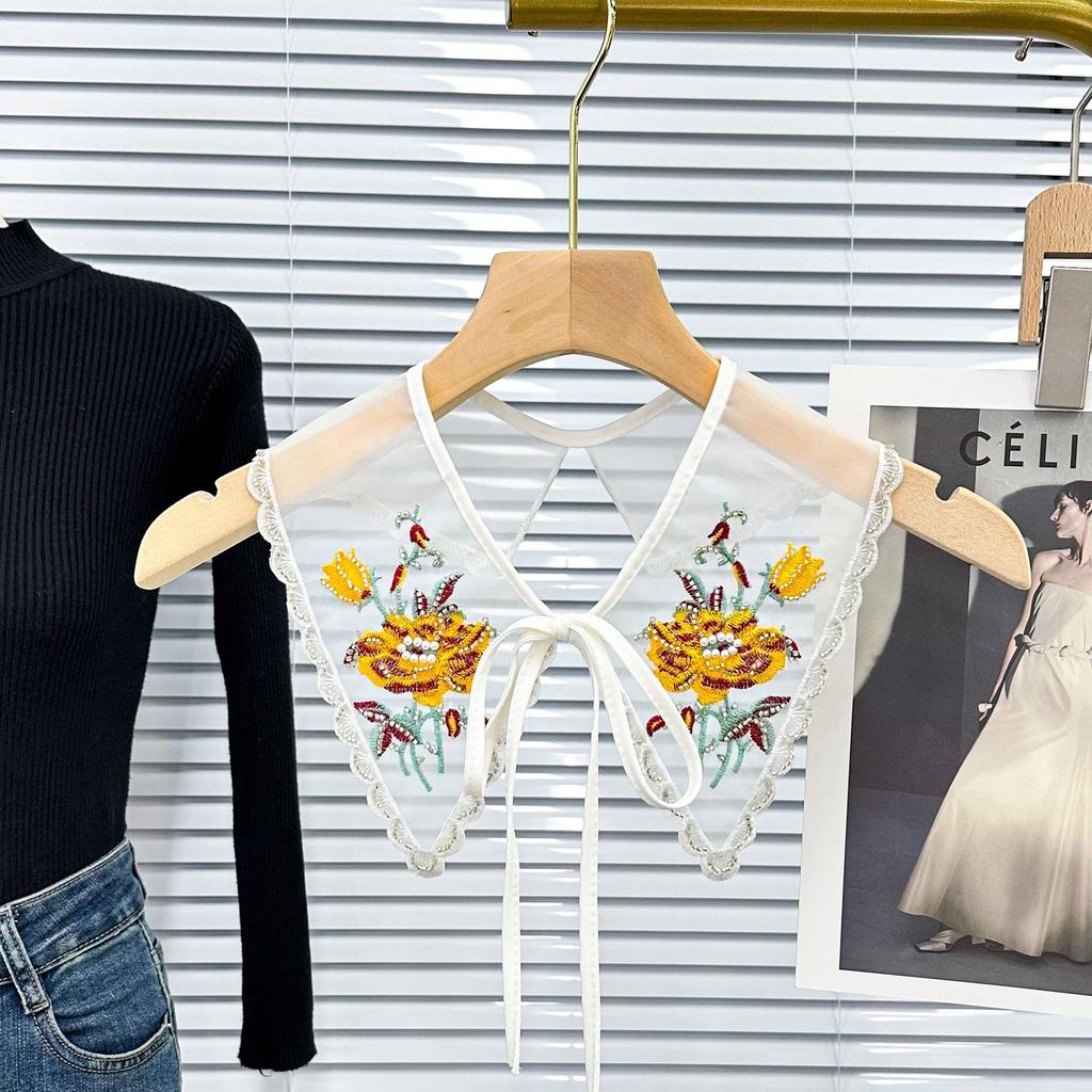 Colorful Embroidered Beaded Bow Tie False Collar - Ethnic Style Floral Design