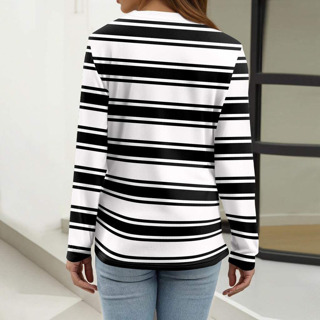 Dámské tričko s potiskem, knoflíky, dlouhý rukáv, denní, víkendová móda, základní, výstřih do V, běžný top