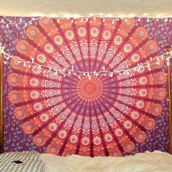 Golden Indian Bohemian Peacock Mandala Tapestry Wall Hanging