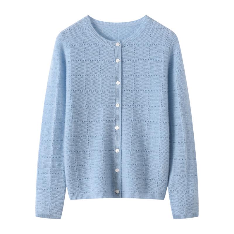 Lekasha 100% Pure Cashmere Plaid Hollow-Out Long-Sleeve Cardigan
