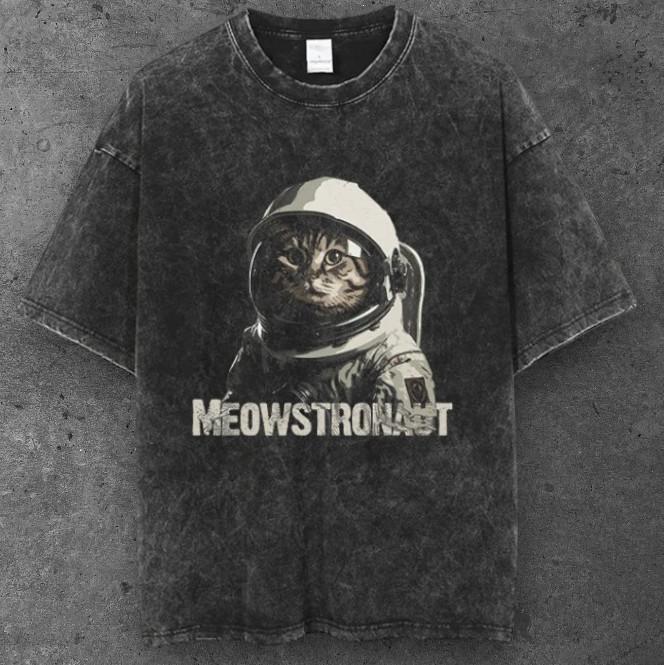 Unisex Space Astronaut Cat Oversized T Shirt Black Vintage Streetwear S-2XL S
