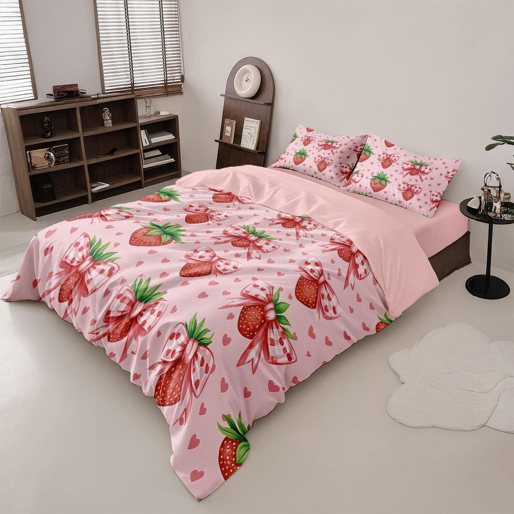 3pcs Pink Strawberry Printed Coreless Duvet Cover Set Multiple Sizes Soft And Comfortable Bedding Decoration, Machine Washable