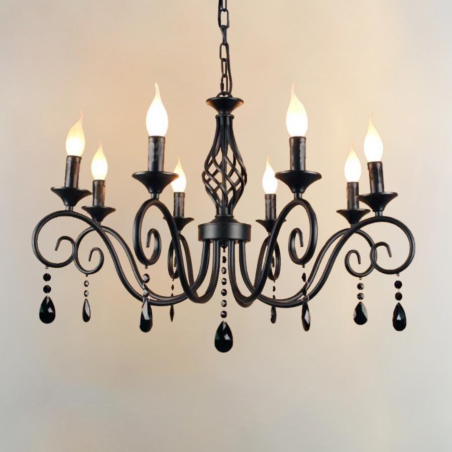 French Retro Black Wrought Iron Crystal Chandelier for Living Room, Dining Room, or Bedroom