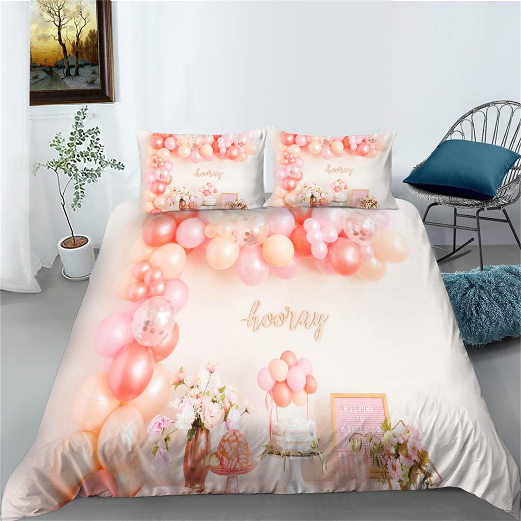 Watercolor Duvet Cover Hand Painted Style Floating Hot Air Balloons Clouds Print Decorative Bedding Set Blue Pink Coral Children