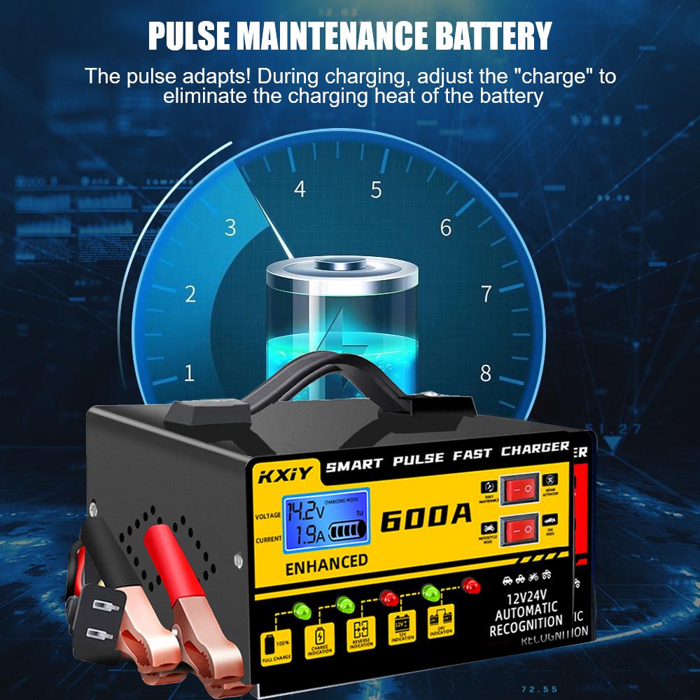 Voltage Temperature Detection Automatic Stop 12V 24V 600A EU/US Plug Intelligent Pulse Repair Car Battery Charger Digital LCD Display