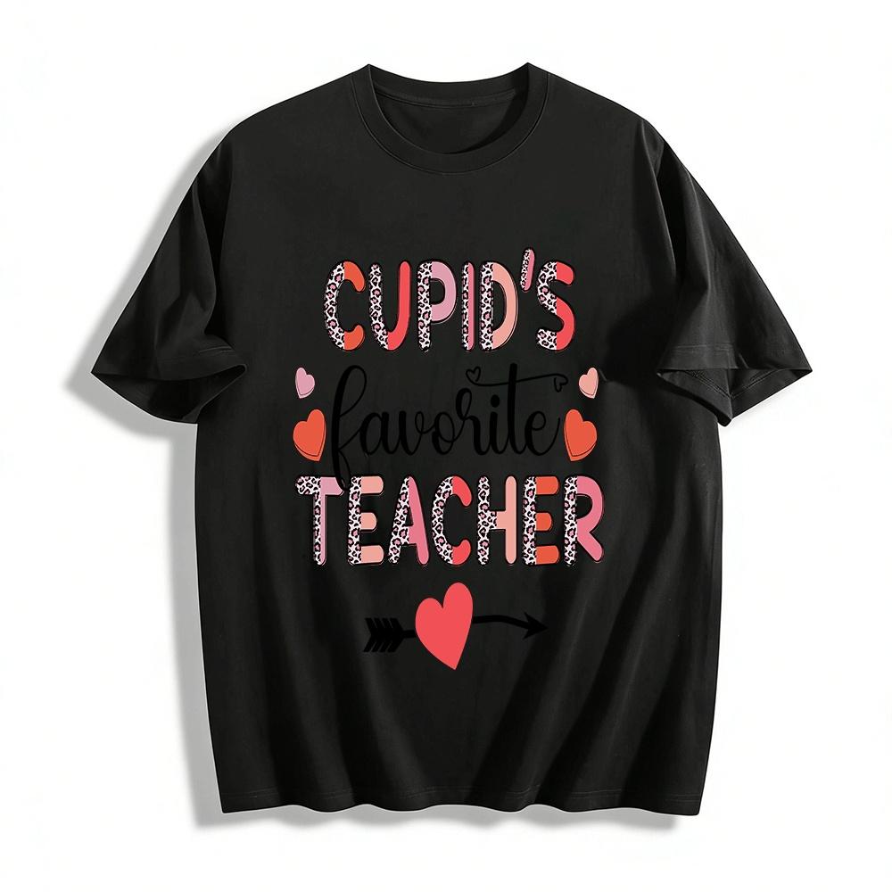 Cupid s Favorite Teacher Leopard Print Valentine s Day Top Pure cotton T-shirt XXS
