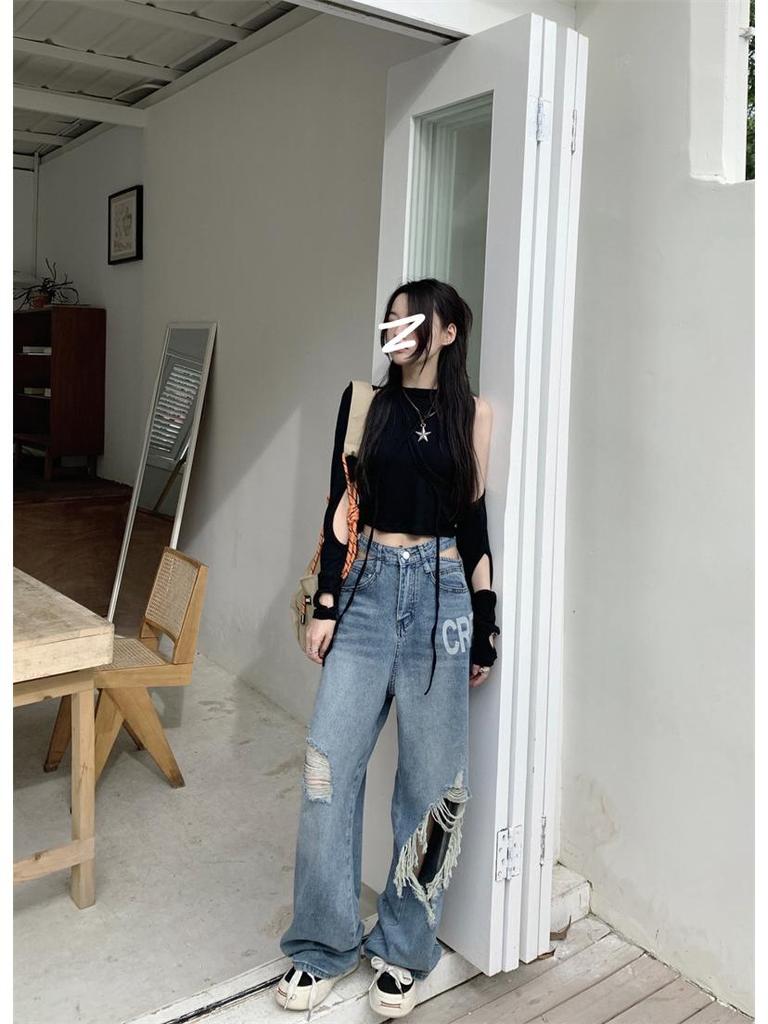 Women's High Waist Washable Ripped Jeans - Slimming, Loose Fit, Floor-Length Wide-Leg Pants