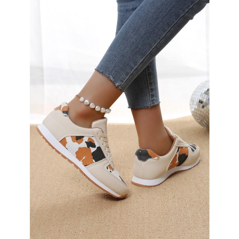 Leopard Print Casual Single Shoes Round Toe Platform Color-Block Low Top Sneakers
