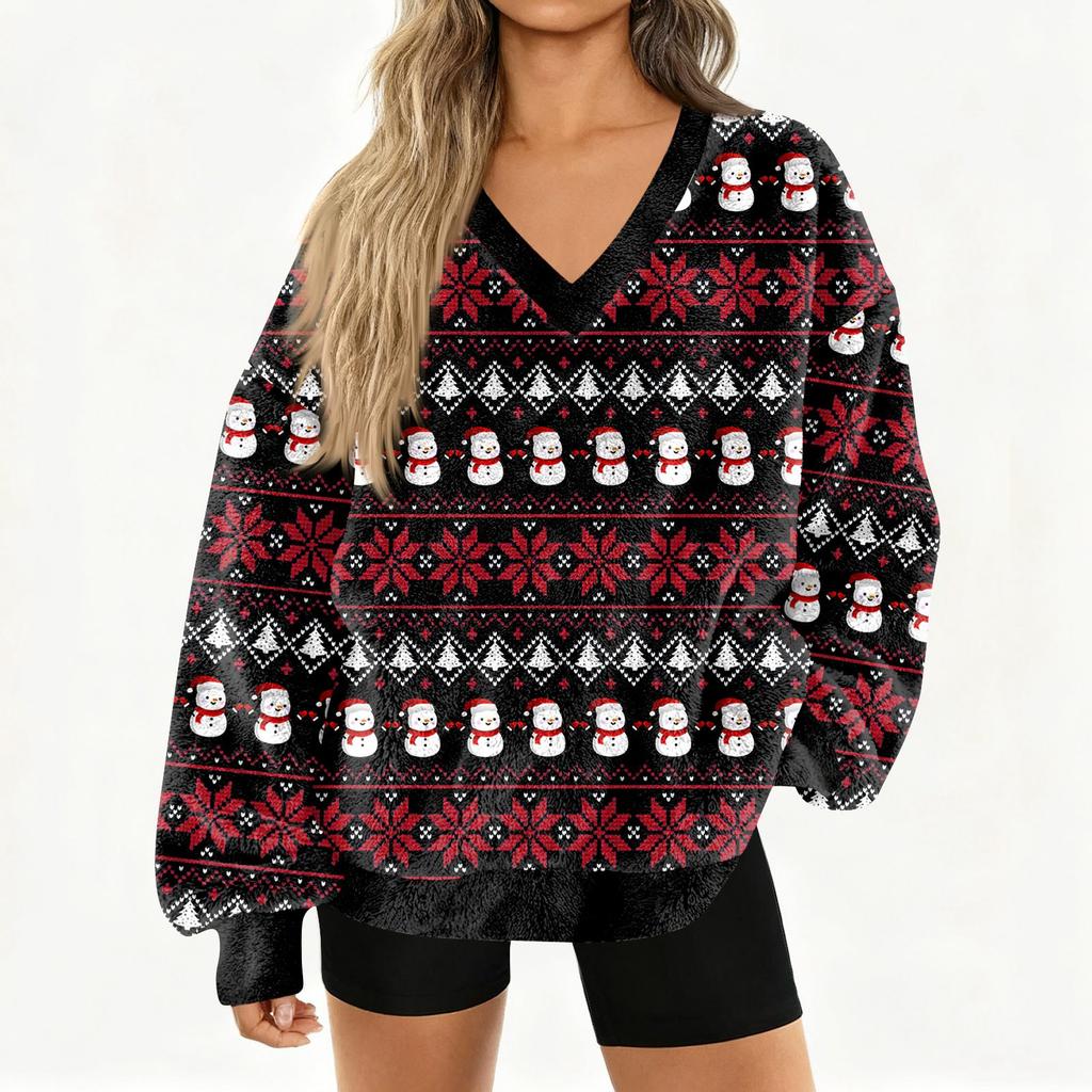 Women's Fashionable V-neck Christmas Printed Long Sleeved Casual Pullover Plush Warm Pocket Sweatshirt Top