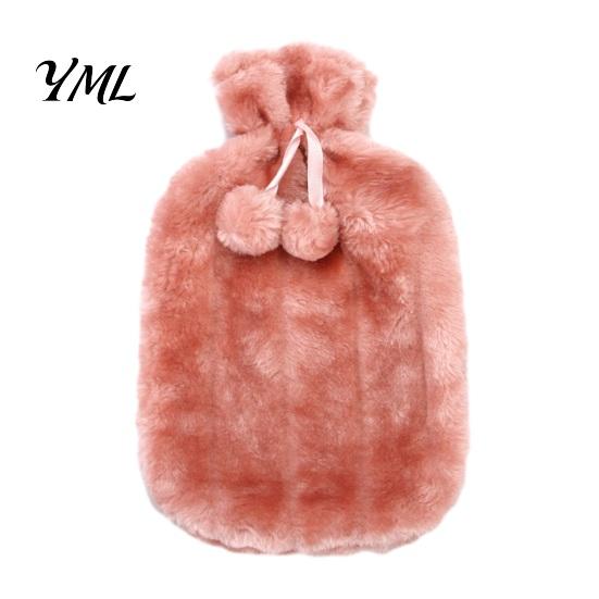 Explosion Proof Hot Water Bag 2L Bottle with Plush Cover, Pompom Drawstring Portable Bag, Winter Warm for Hands, Feet, Stomach