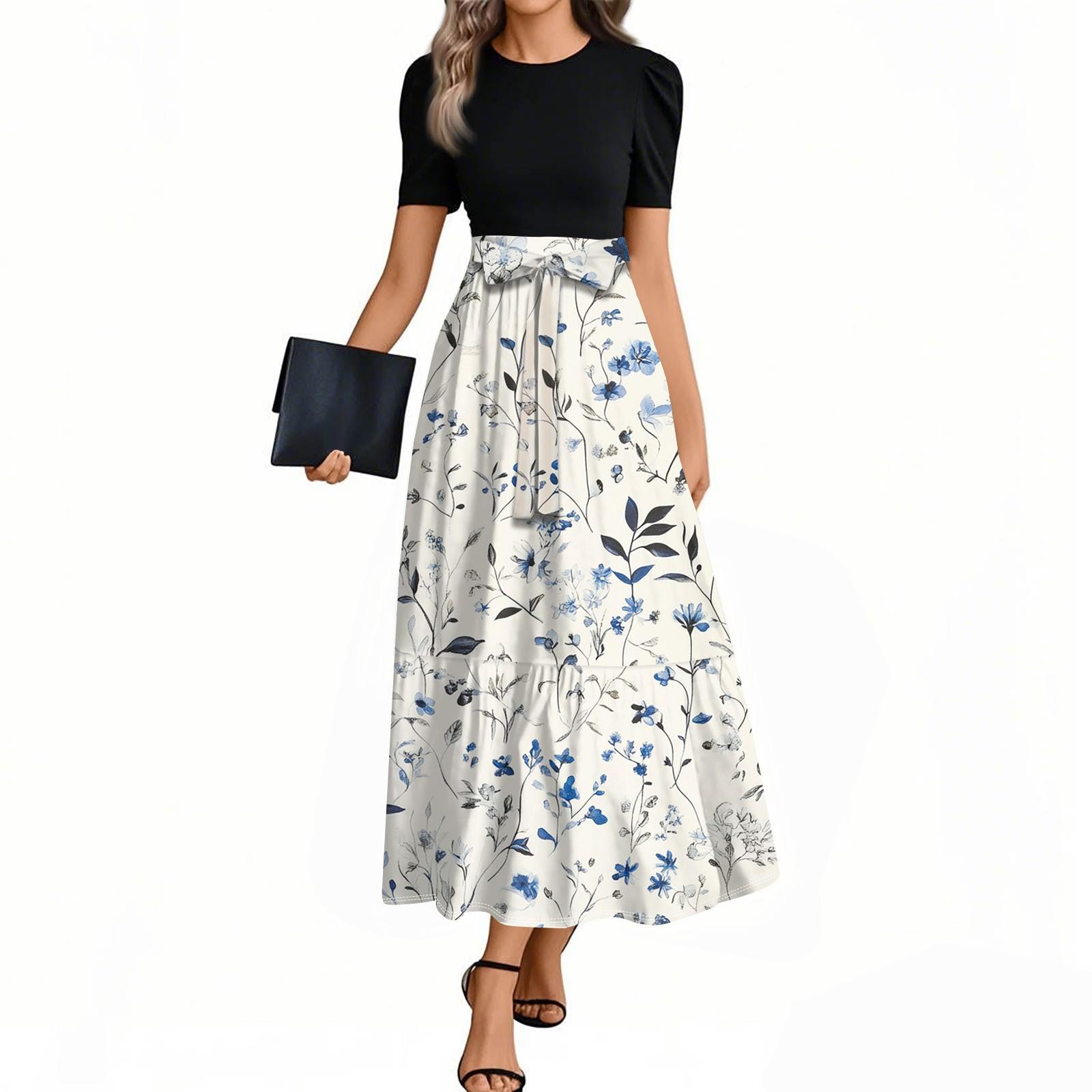 Women Floral Print Patchwork Casual Dress Short Sleeve Round Neck Belted Waist Midi Dress for Daily Wear L