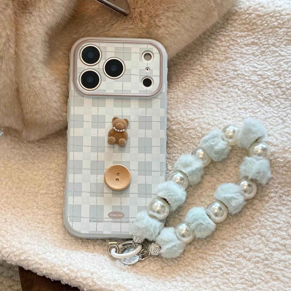 3D Retro Cartoon Bär Armband Hülle für iPhone 11, 13, 15, 16 Pro Max, Apple 17, Koreanischer Stil