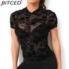 BITCED Women's O-Neck Sexy Stretch Mesh Sheer T-Shirt Top