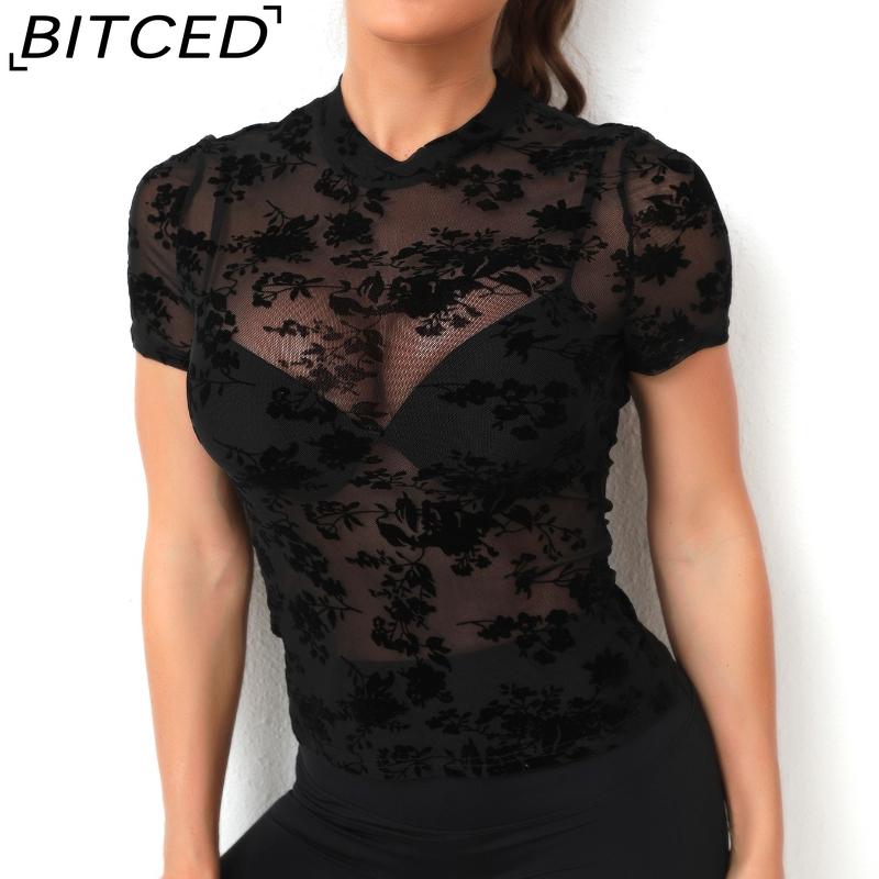 BITCED Women's O-Neck Sexy Stretch Mesh Sheer T-Shirt Top
