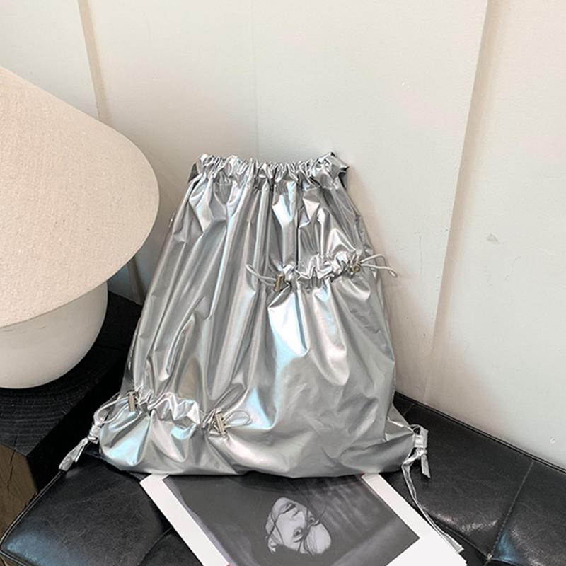New Silvery Drawstring Double Shoulder Bag Women's Korean Lazy Tote Backpack Lightweight Easy-to-Carry Outdoor Sports Backpack AVE