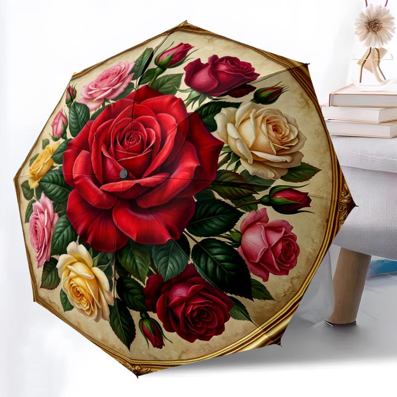 

1pc Sturdy 8-Bone Auto Umbrella, Mixed Rose Bouquet Umbrella, Digital Printed, Foldable Umbrella for On-the-Go Outdoor Use