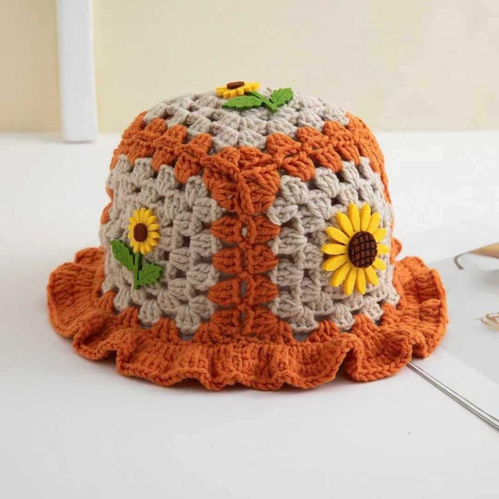 Handmade Knitted Sunflower Fisherman Hat For Autumn And Winter Women, Cute And Playful Fun, Fungus Edge Wool Knit Crochet Hat, Adult Hat