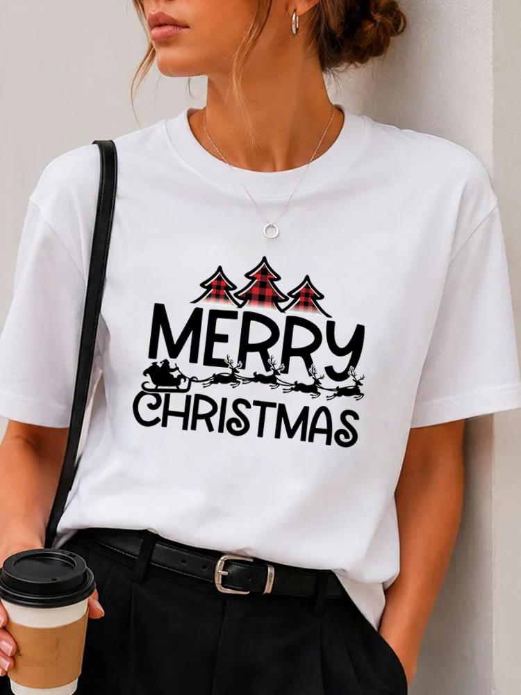 (Asian Size) Plaid Trend Cute Merry Christmas Fashion Short Sleeve T-shirts Women's Top O-neck T Shirt Print Casual New Year Clothing Graphic Tee