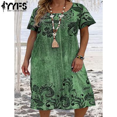 Taglie Forti Donna Moda Estate Primavera Stampa Manica Corta Girocollo Vita Larga Abiti Casual