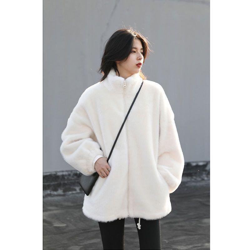 Korean version loose stand-up collar solid color coat medium and long plush jacket top women's winter new women's clothing