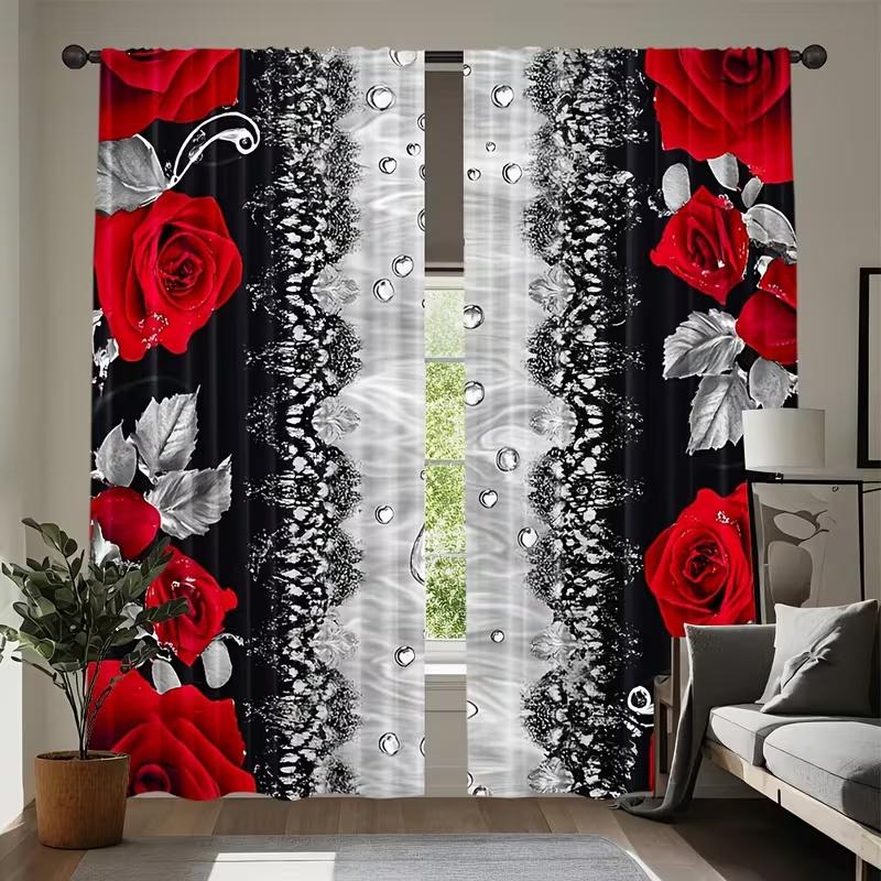 

2Pcs Valentine s Day rose print curtains,suitable for bedroom,living room kitchen decoration,home decoration,window decoration 14Wx39L(35x100CM)x2&Rod Pocket