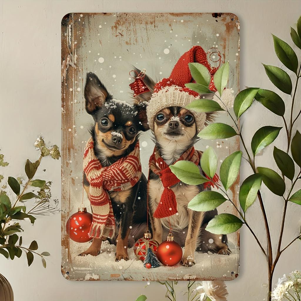 1pc Vintage Christmas Dog Metal Tin Sign, Iron Wall Art with Aluminum Foil Carving, Festive Home & Outdoor Decor, 8x12 Inches