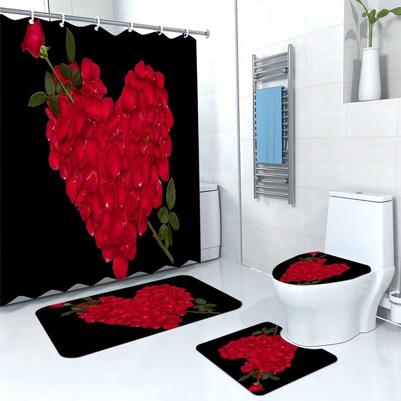 Modern Flowers And Butterfly Waterproof Shower Curtain Set Toilet Seat Cover Bath Nonslip Mat Rug Carpet Bathroom Decor Washable