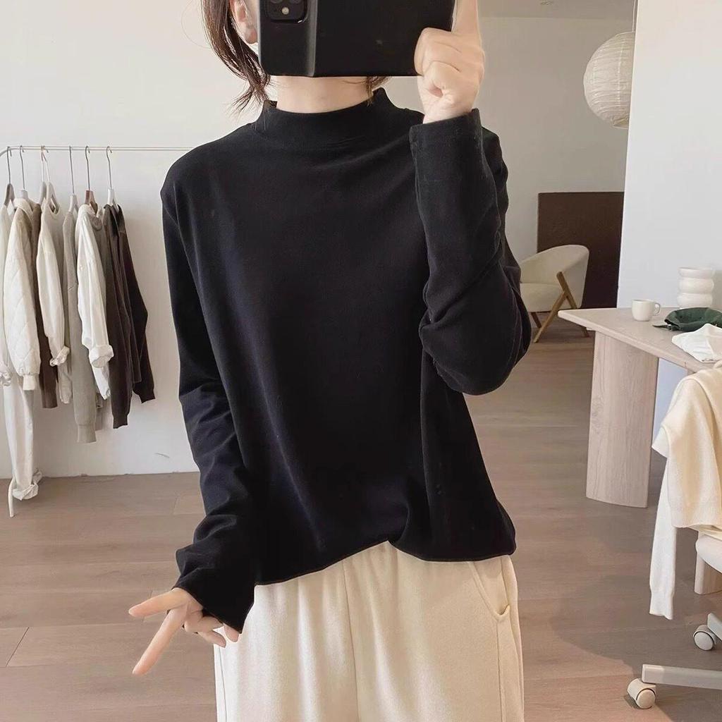 Apricot Soft Sticky Half-High Neck Women's Oversized Long-Sleeve Base Layer Top - Autumn/Winter European Style.