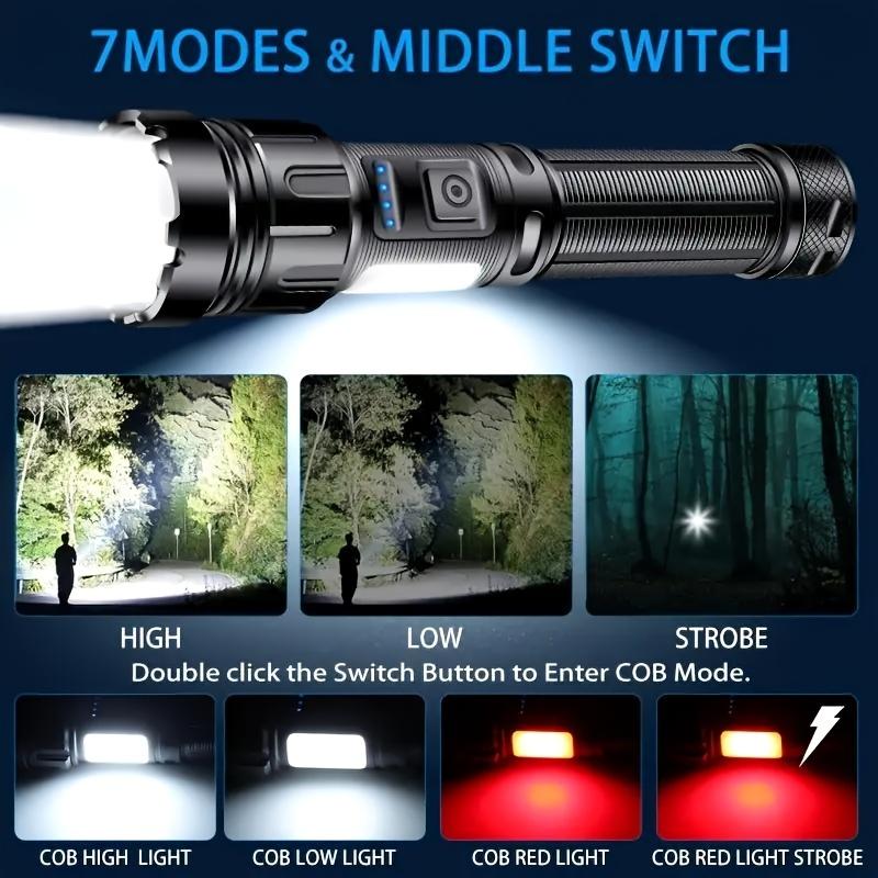 6800mAh LED multifunctional rechargeable flashlight with adjustable focus nine speed COB with red light for outdoor camping, hunting equipment