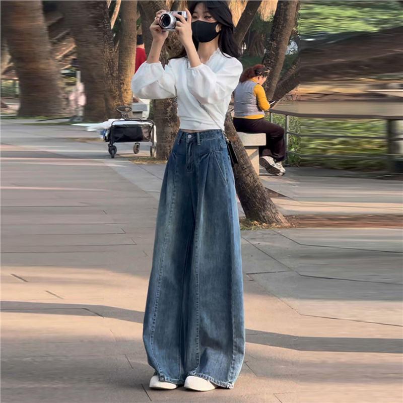 

Plus Size Retro Blue Draping Wide-Leg Jeans for Women with Pleated Design Small синий