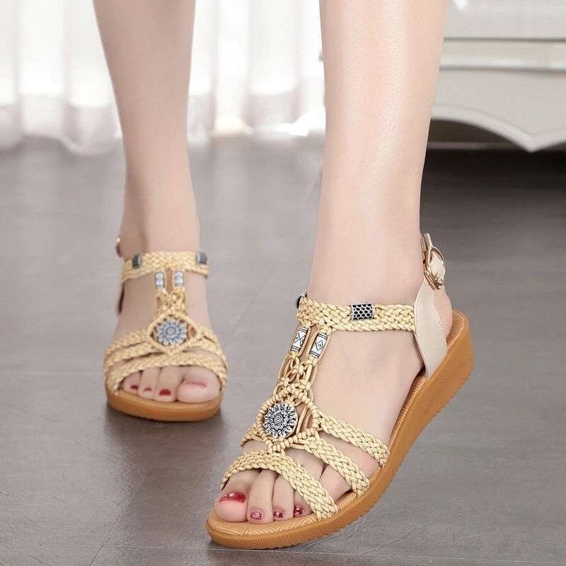 Summer sandals women s hand-woven beaded beach shoes soft-soled flat-soled beef tendon soles large-size mother shoes non-slip 39