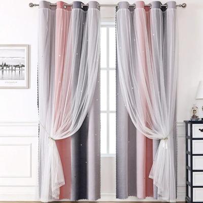 1pc Rainbow Fade Double Layer Curtains with Morandi Color, Light Blocking Curtain with Fabric and Sheer