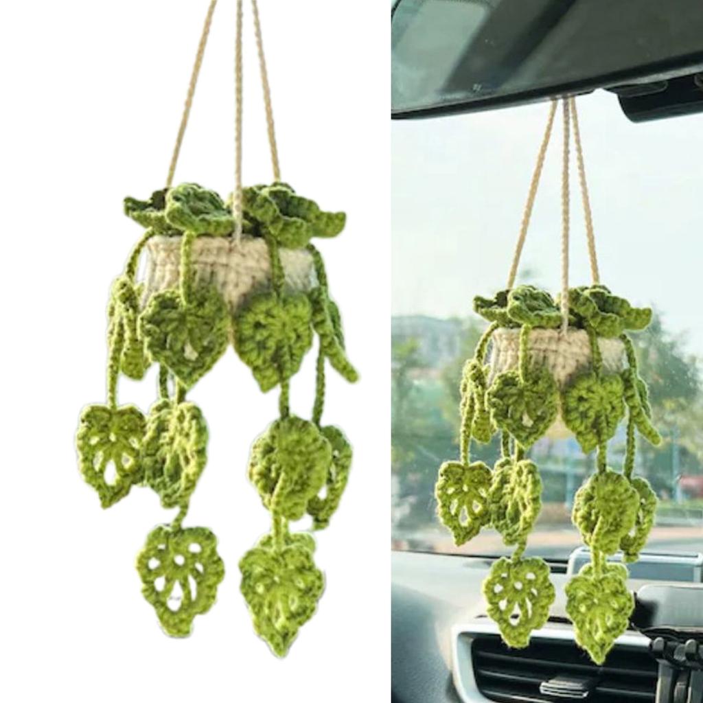 Plant Hangers Kit Mini Hand Knitted Car Rear View Mirror Decoration Accessories for Home Countyard Garden Decor Ornament