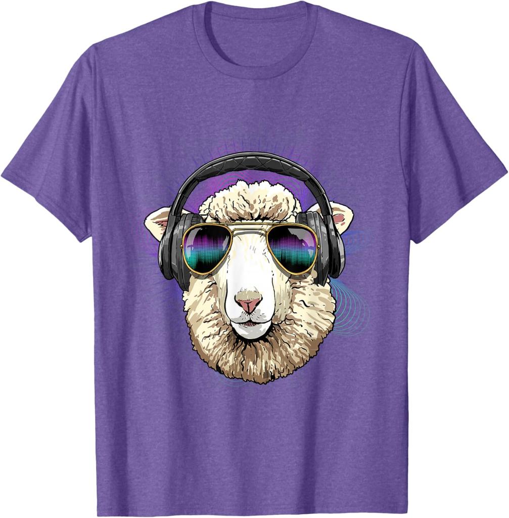 Music Sheep DJ Graphic Tee Cool Animals Headphone Rave T-Shirt Men Trip