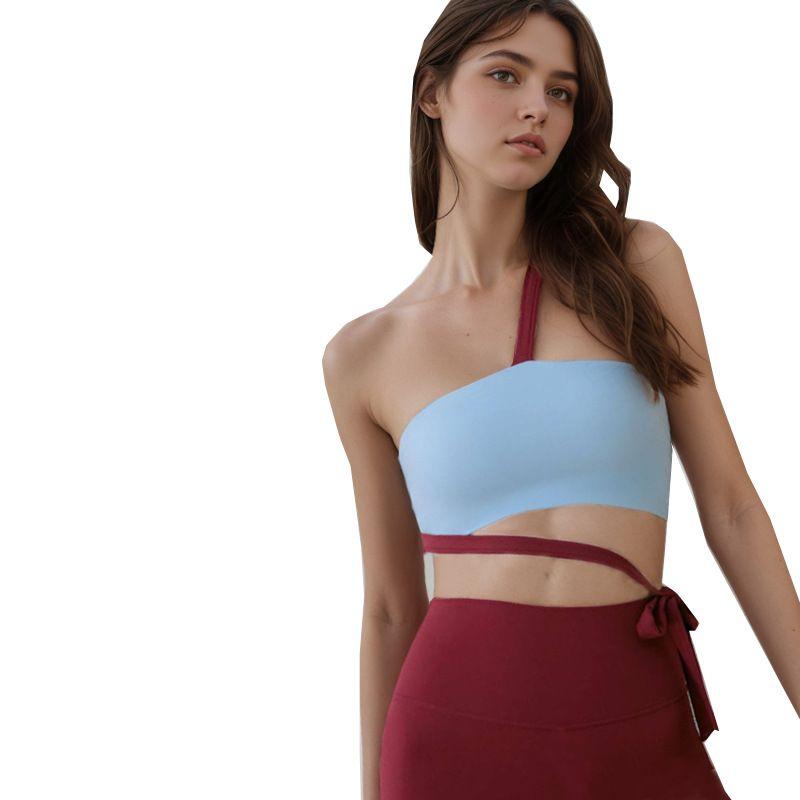 

One-Shoulder Yoga Vest Women Containing Chest Pad Sports Bra High Waist Quick-Drying Training Fitness Underwear Push up Design Elastic Blue Vest S